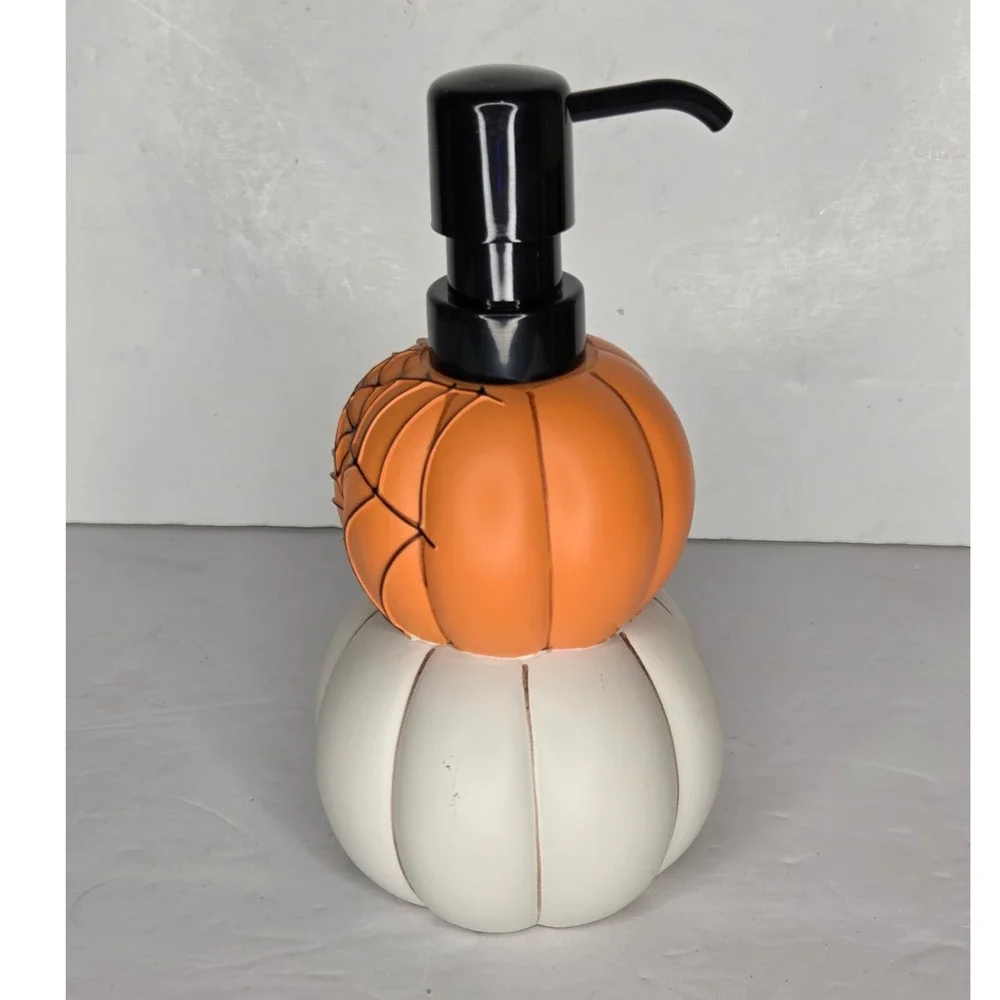 Halloween Stacked Pumpkin Soap Dispenser Jack-O-Lantern Spider Web Decor